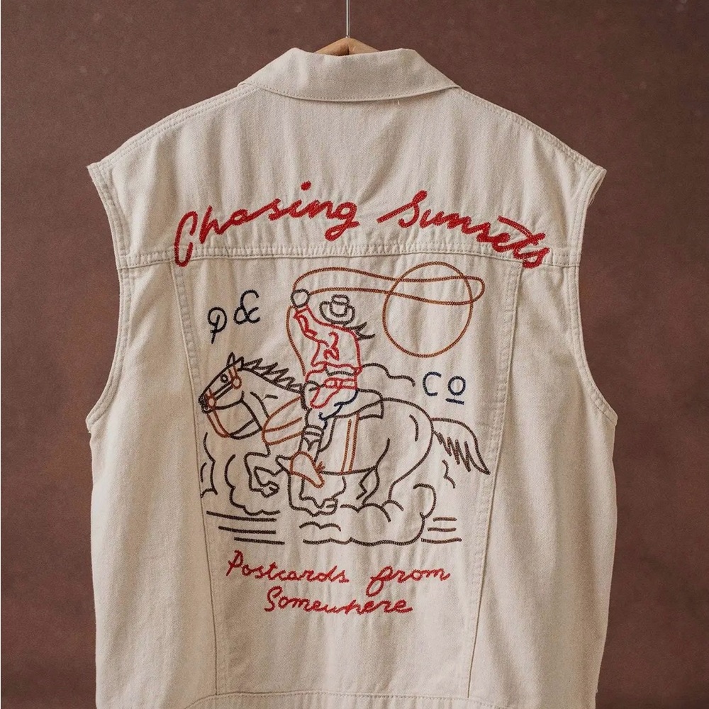 Western Beige Embroidered Vest with Red Accents